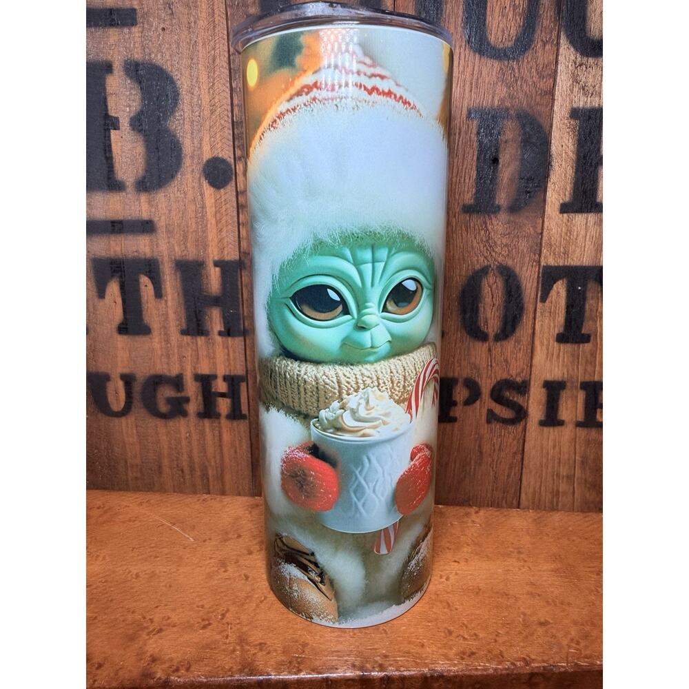 Yoda Theme Wrapped Skinny Tumbler Christmas Holiday Baby Yoda 20oz With Lid